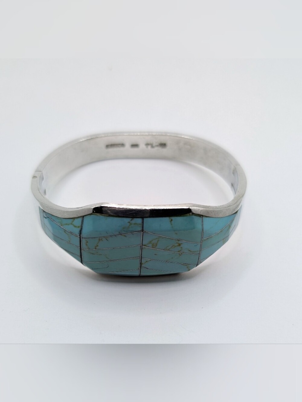 Vintage Taxco Mexico Sterling Silver .925 Turquoise Inlay Hinged Bracelet TL-49